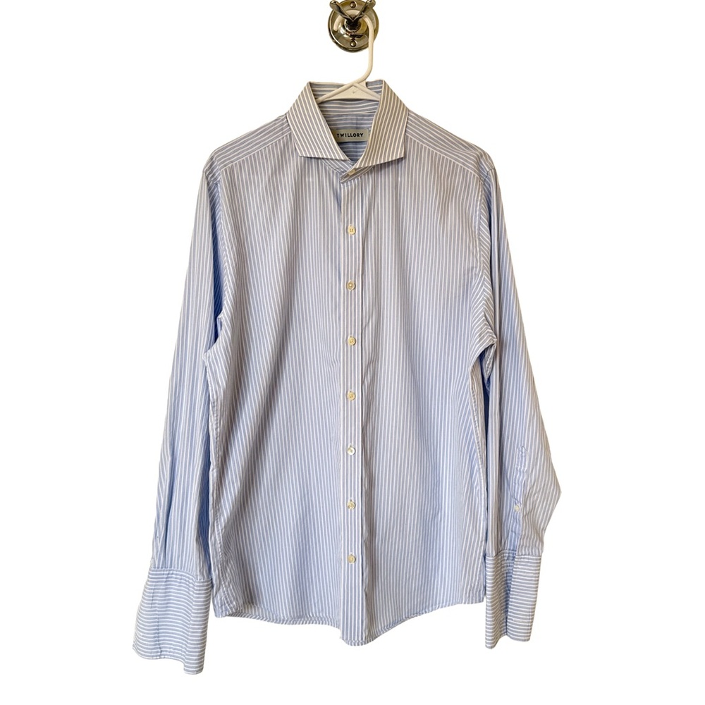 TWILLORY Dress Shirt Men's 17 34-35 Tailored Fit Blue White Striped Cotton